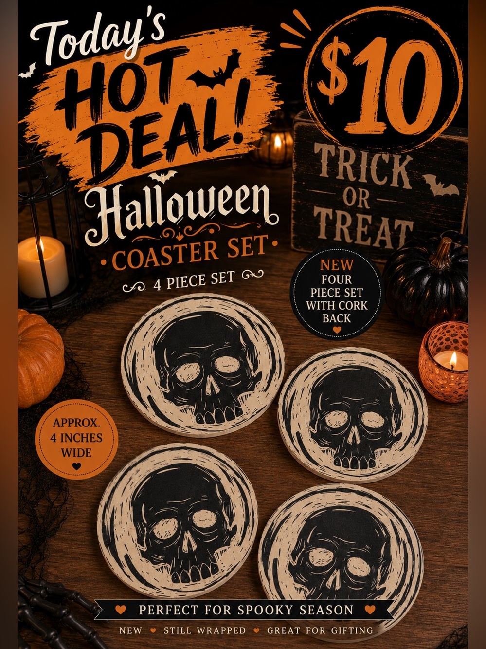 Source Unknown Halloween Coaster Set - Black & Cream Skull Coasters